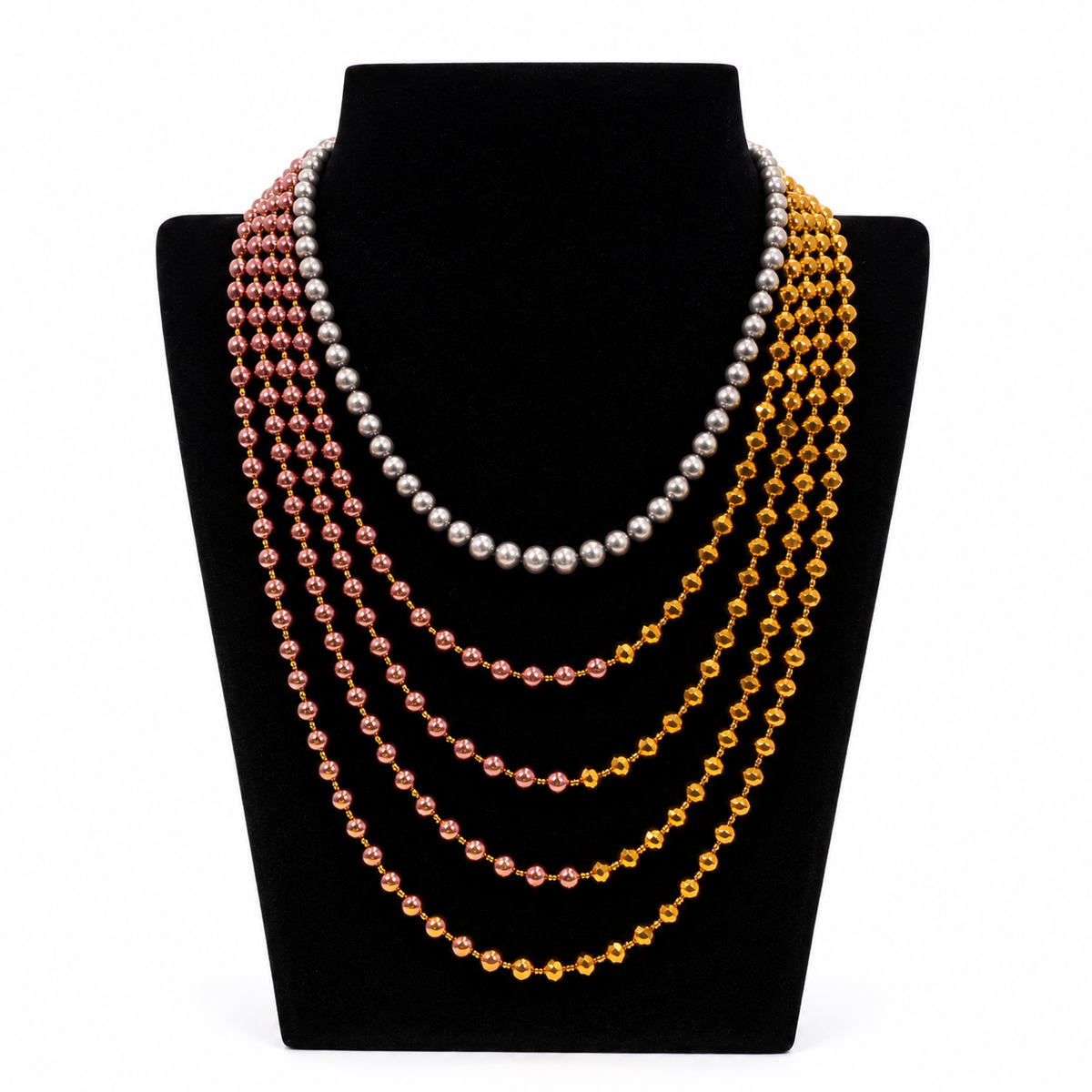 5-Layer Statement Necklace for Women, Silver Rose Gold & Gold Tone Beaded Layered Jewelry