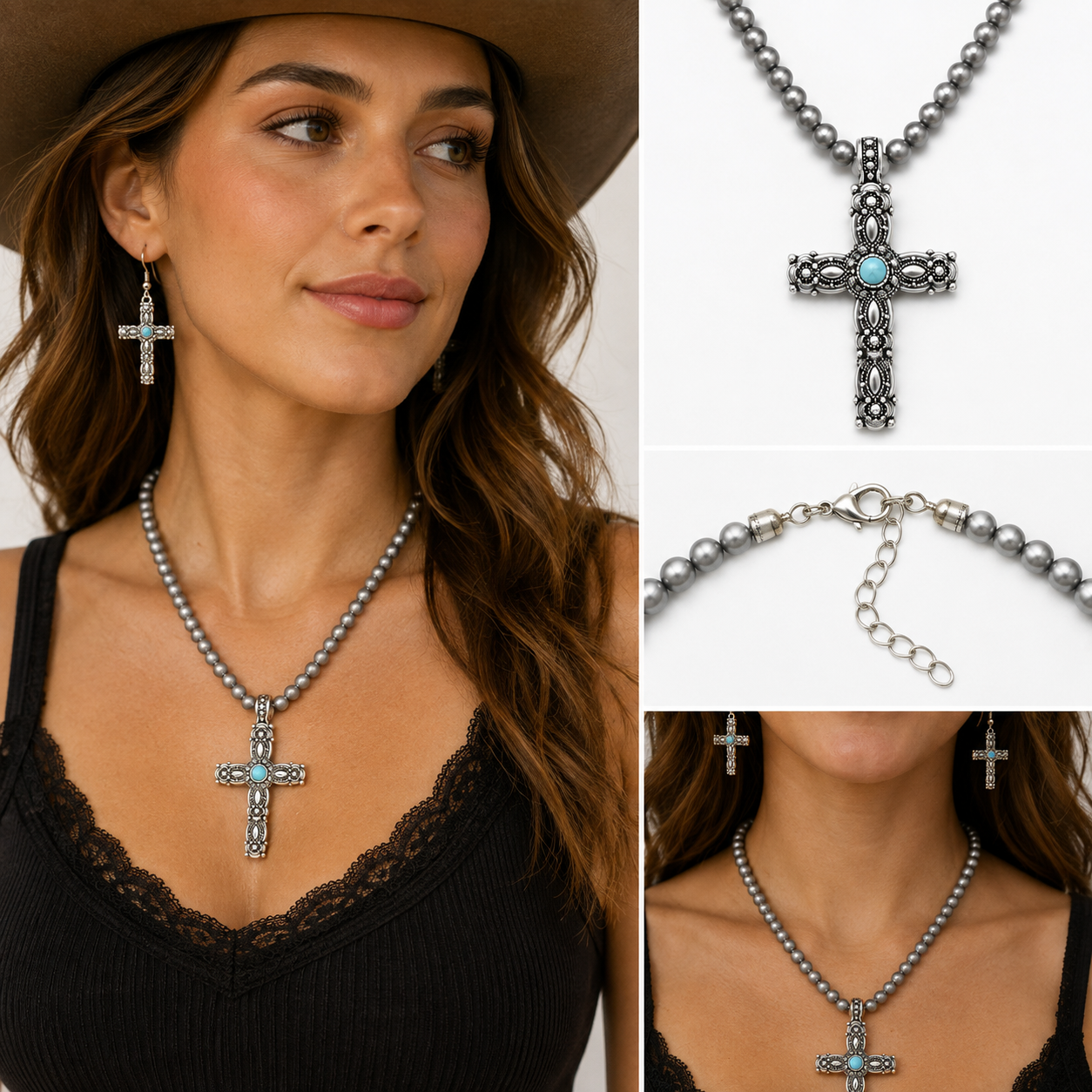 Western Turquoise Cross & Navajo Bead Necklace