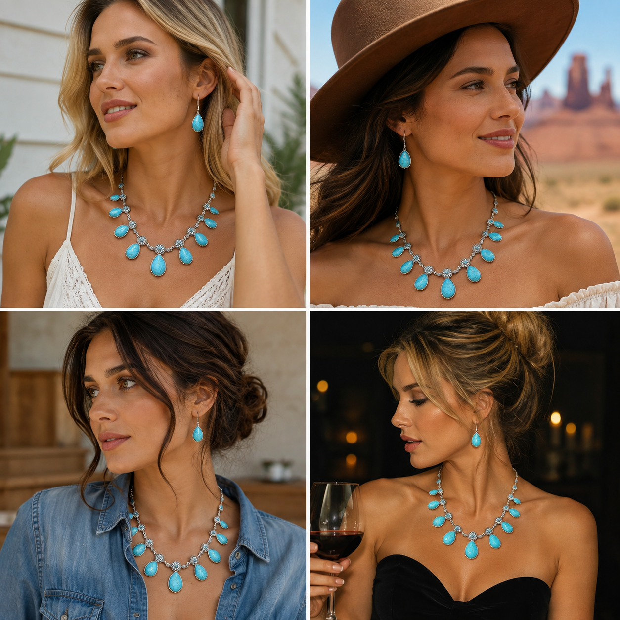 Boho Western Faux Turquoise Tear-Drop Statement Necklace Set