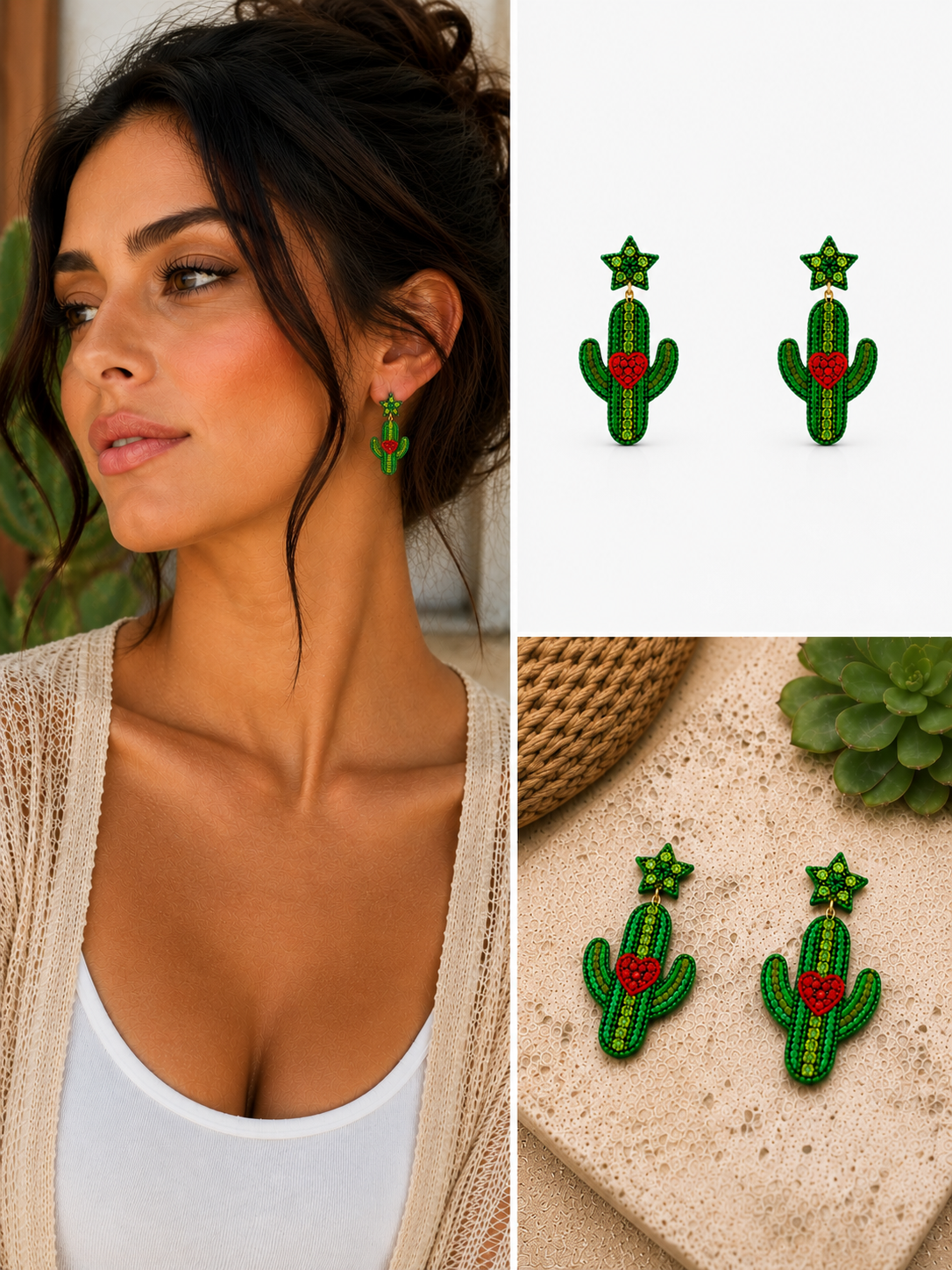 Western Green Beaded Cactus Earrings with Red Heart & Star Stud