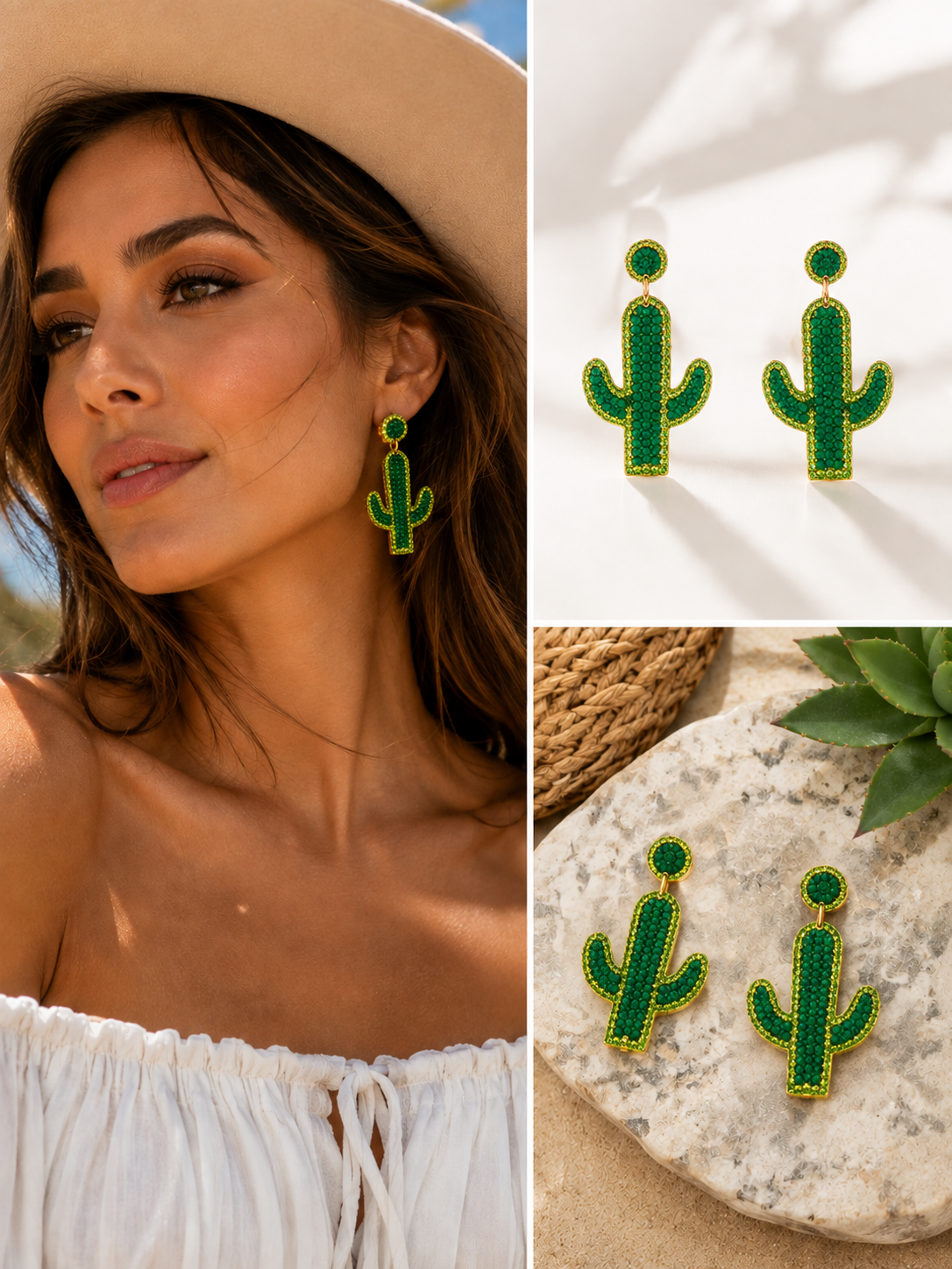 Western Green Beaded Cactus Statement Earrings – Boho Drop Earrings