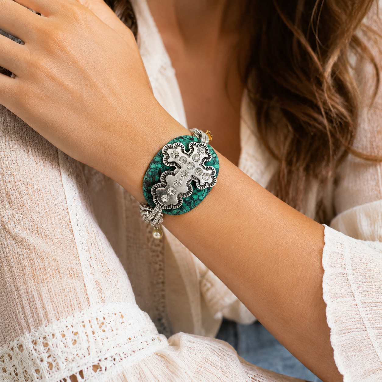 Western Antique Silver Chunky Chain Bracelet – Turquoise Cross Pearl Statement Bracelet