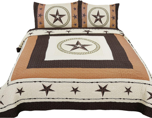 Beige 3 Piece Home Bedding Western Texas Stars Barb Wire