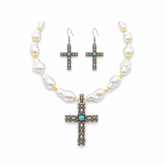 Pearl Cross Choker Necklace for Women, Turquoise Western Statement Jewelry,