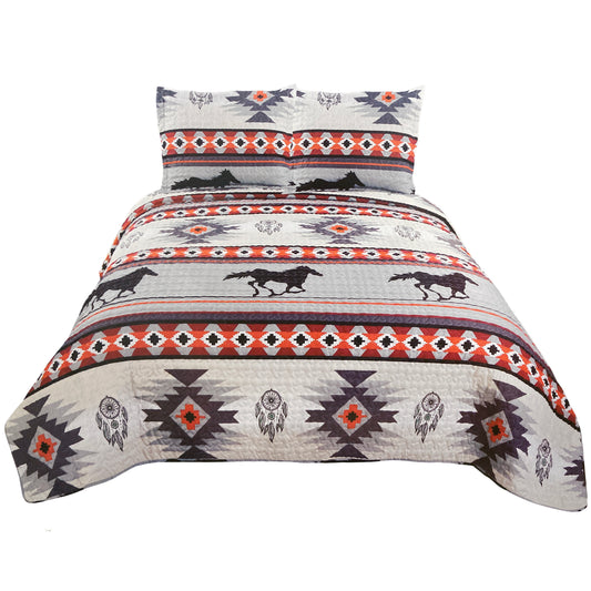 Horse Native Tribal Aztec Dream Catcher Print Saddleridge 3 Piece Quilt Bedding Set Beige Orange