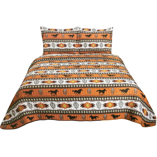 Horse Native Tribal Aztec Dream Catcher Print Saddleridge 3 Piece Quilt Bedding Set Orange