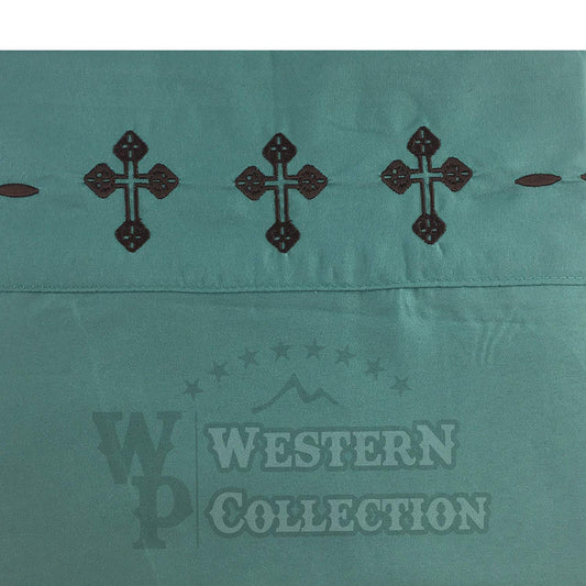Turquoise Western Texas Cross Embroidery Bed Sheet Set