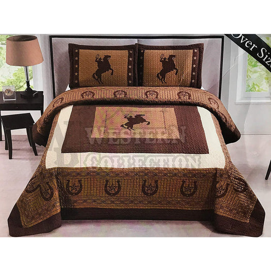 Brown Rearing Horse Cowboy Rider 3 Piece Quilt Set