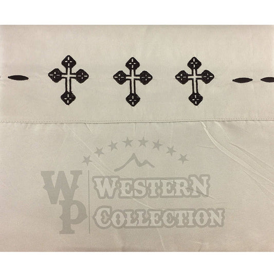 Beige Western Texas Cross Embroidery Bed Sheet Set