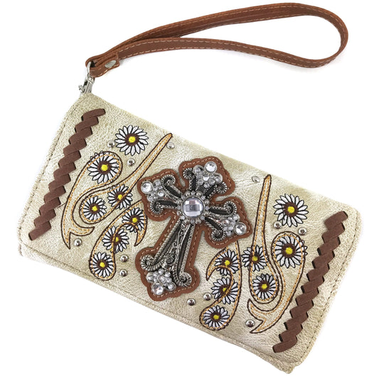 Western Peak Beige Yellow Silver Cross Floral Embroidered Concealed Carry Trifold Wallet