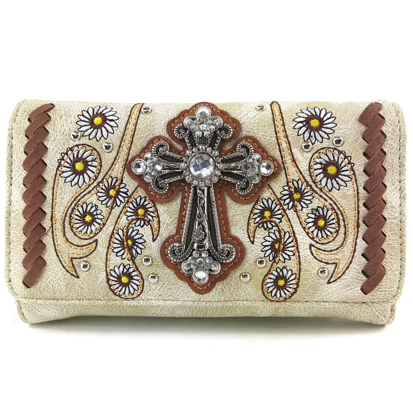 Western Peak Beige Yellow Silver Cross Floral Embroidered Concealed Carry Trifold Wallet