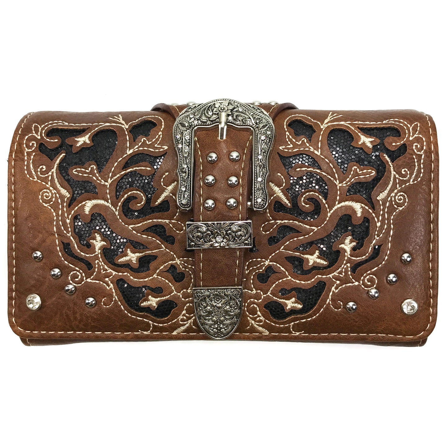 Western Peak Brown Black Silver Belt Buckle Concealed Carry Trifold Wallet