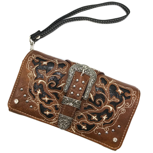 Western Peak Brown Black Silver Belt Buckle Concealed Carry Trifold Wallet