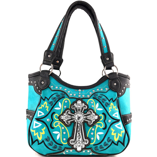 Western Peak Turquoise Yellow Silver Cross Floral Embroidered Concealed Carry Handbag