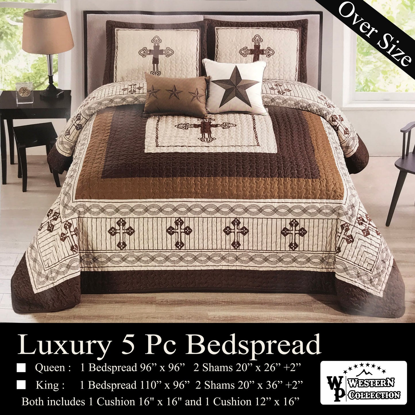 Beige Prayer Cross Lodge 5 Piece Bedding Extended Quilt Set