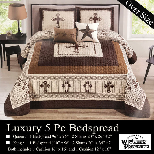 Beige Prayer Cross Lodge 5 Piece Bedding Extended Quilt Set