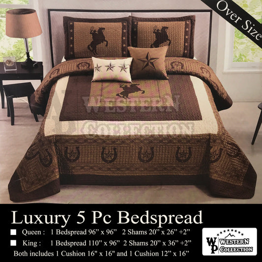 Brown Rearing Horse Cowboy Rider 5 Piece Extended Quilt Bedding Set