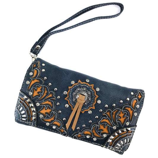 Western Peak Navy Mustard Concho Tassel Concealed Carry Trifold Wallet