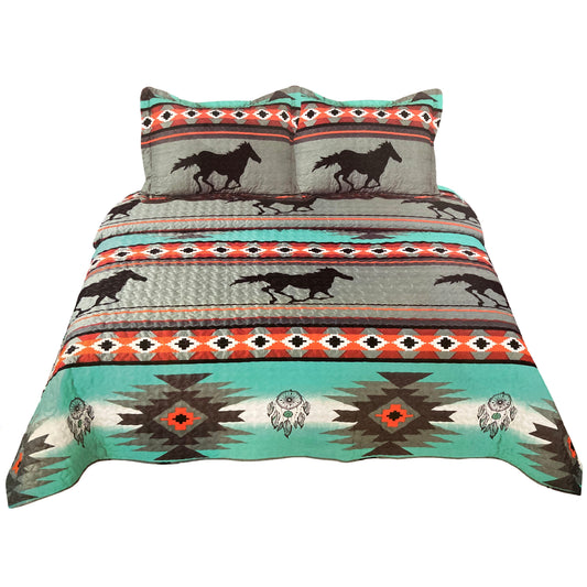 Horse Native Tribal Aztec Dream Catcher Print Saddleridge 3 Piece Quilt Bedding Set Turquoise Grey