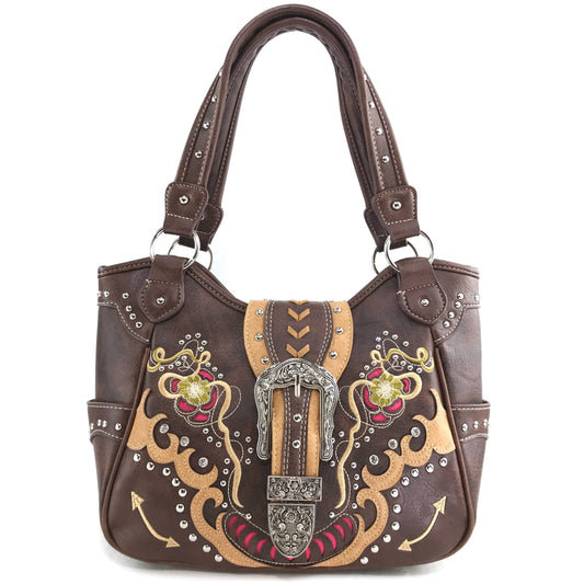 Western Peak Brown Gold Pink Silver Belt Buckle Floral Concealed Carry Handbag