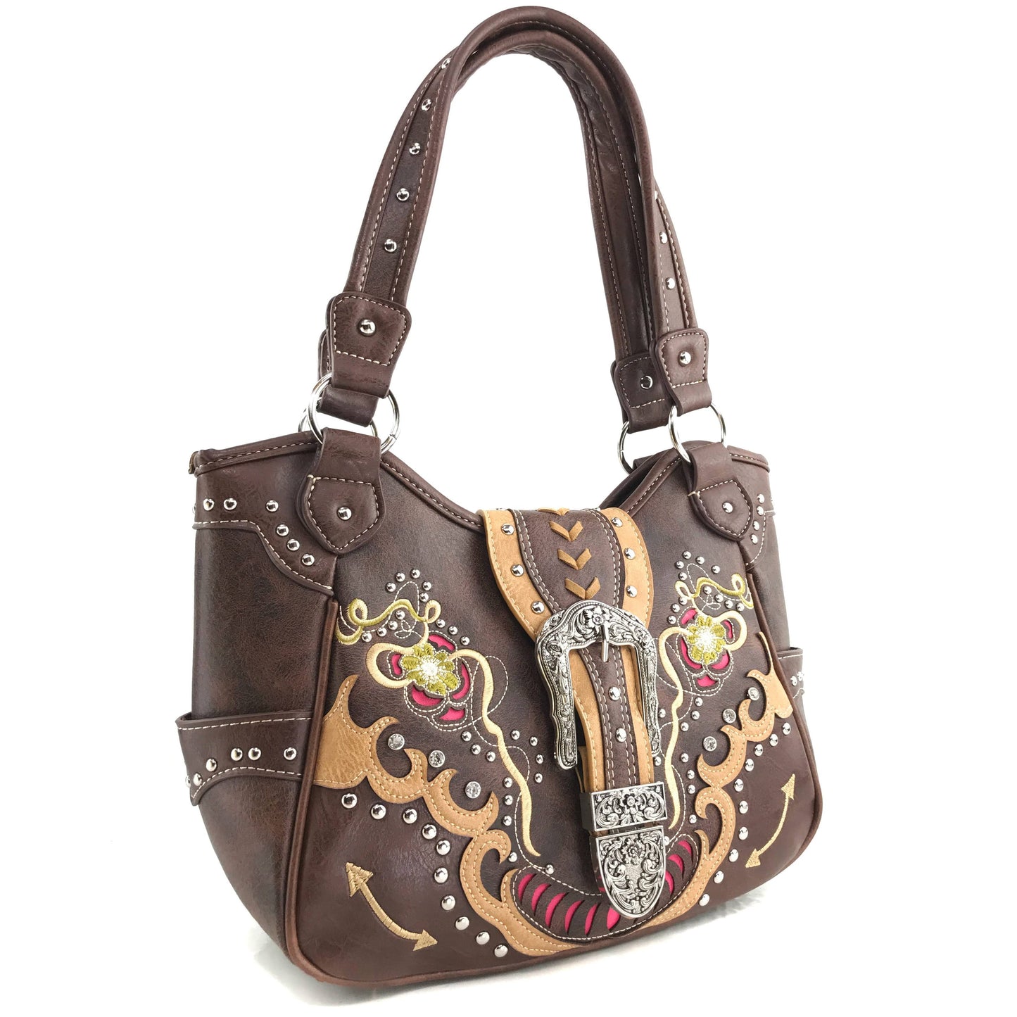 Western Peak Brown Gold Pink Silver Belt Buckle Floral Concealed Carry Handbag