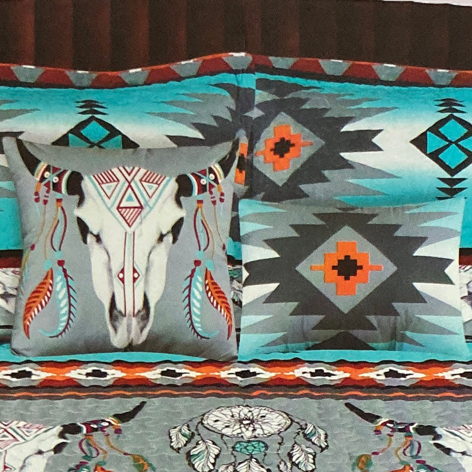 Bull Skull Tribal Artisan Southwestern Native Boho 5 Piece Quilt Bedding Turquoise Gray