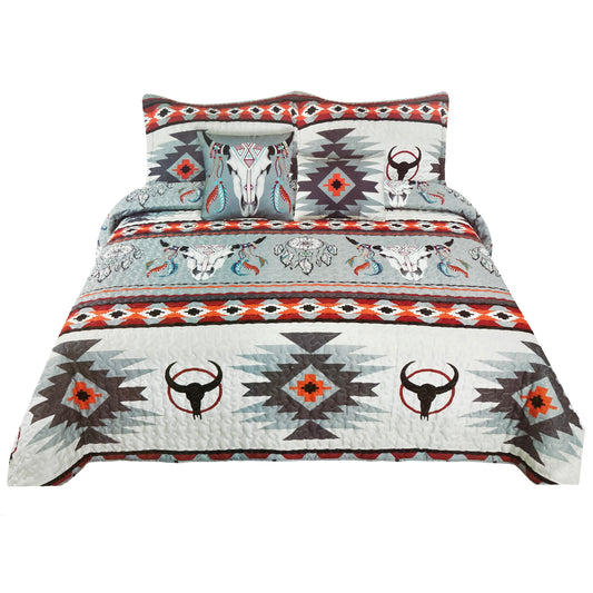 Bull Skull Tribal Artisan Southwestern Native Boho 5 Piece Quilt Bedding Tribal Grey