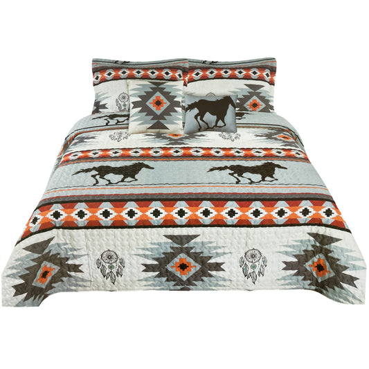Horse Native Tribal Aztec Dream Catcher Print Saddleridge 5 Piece Quilt Bedding Set Beige Grey