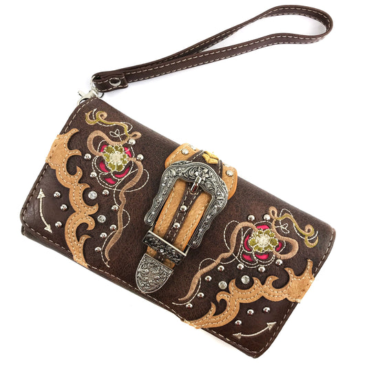 Western Peak Brown Gold Pink Silver Belt Buckle Floral Concealed Carry Trifold Wallet