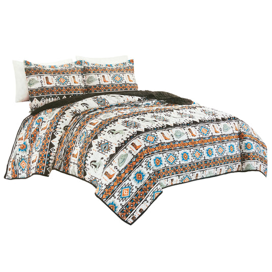 Horse Cowboy Hat and Boots Native Indian Pattern Print 3 Piece Quilt Bedding Set