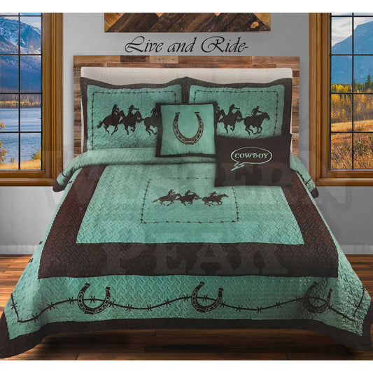 Turquoise Wild Cowboys Horseshoe Home 5 Piece Bedding Extended Quilt Set