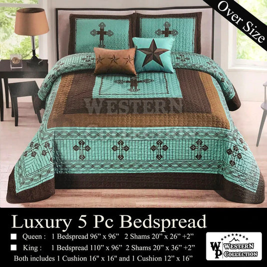 Turquoise Prayer Cross Lodge 5 Piece Bedding Extended Quilt Set