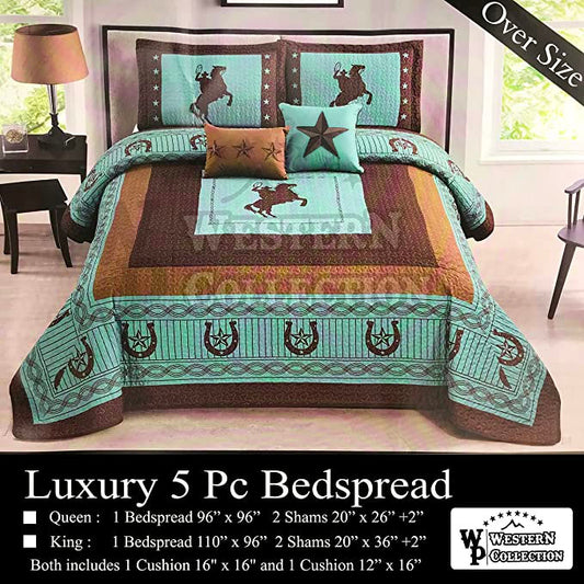 Turquoise Rearing Horse Cowboy Rider 5 Piece Extended Quilt Bedding Set