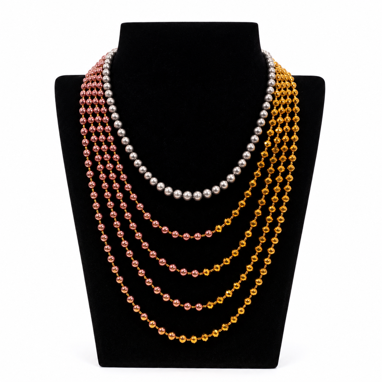 5-Layer Statement Necklace for Women, Silver Rose Gold & Gold Tone Beaded Layered Jewelry