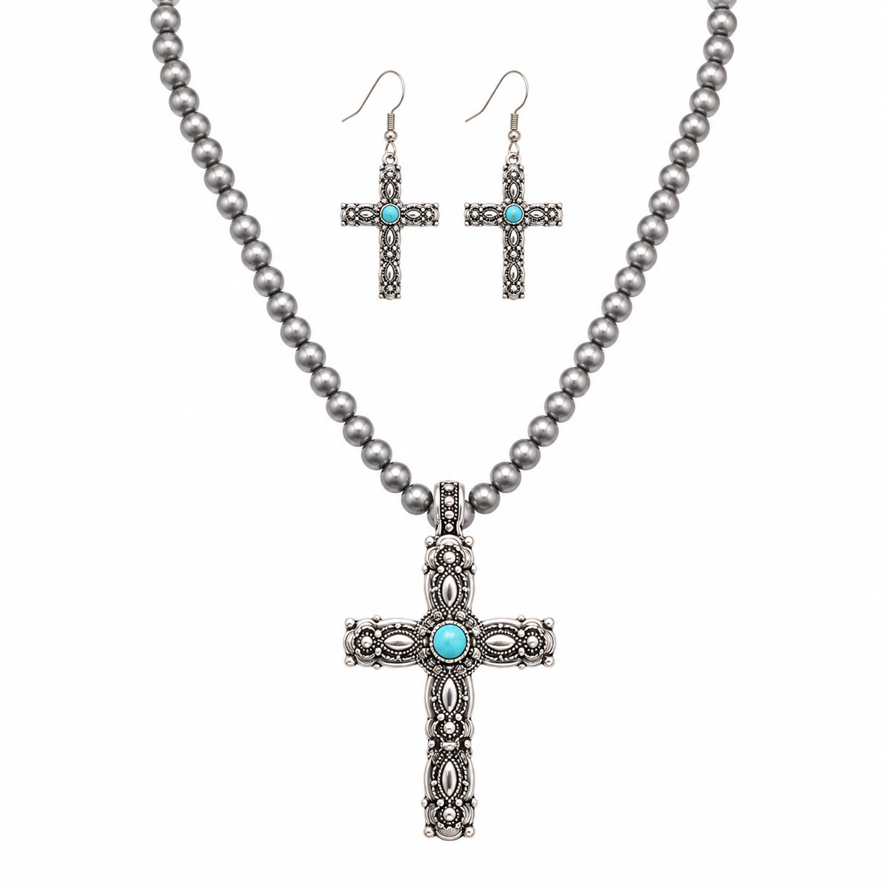 Western Turquoise Cross & Navajo Bead Necklace