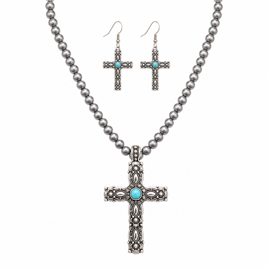 Western Turquoise Cross & Navajo Bead Necklace