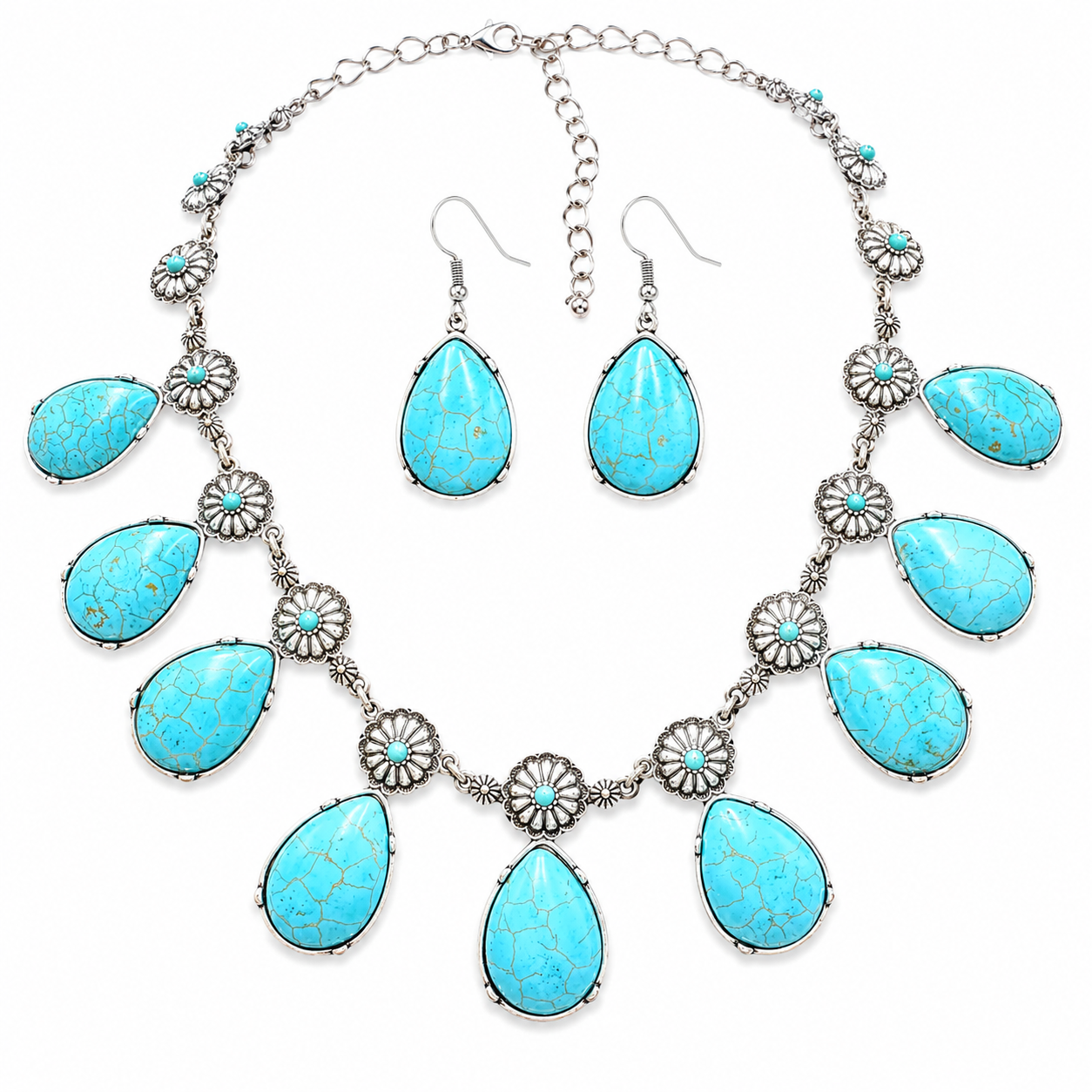 Boho Western Faux Turquoise Tear-Drop Statement Necklace Set