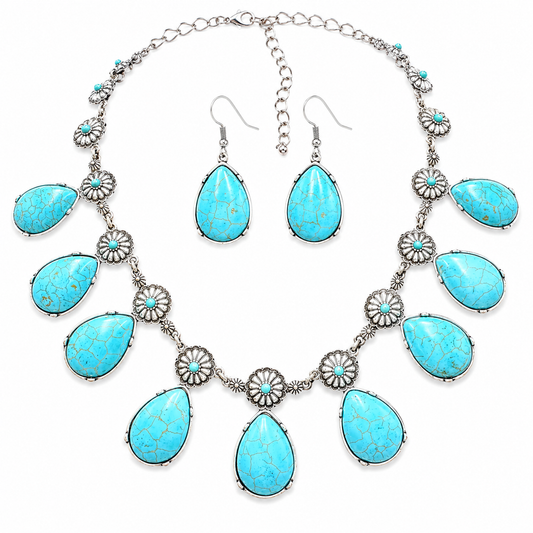 Boho Western Faux Turquoise Tear-Drop Statement Necklace Set