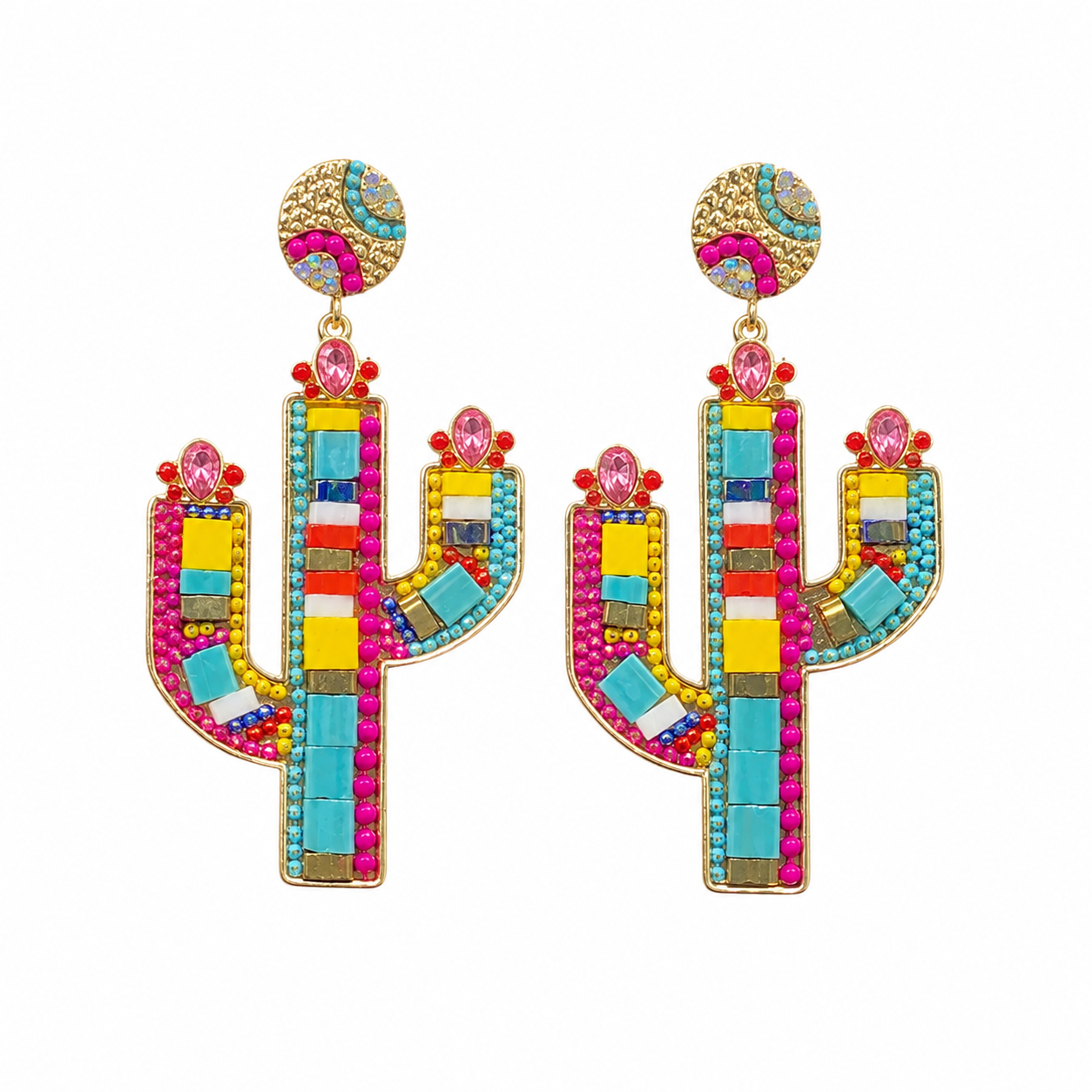 Western Cactus Beaded Statement Earrings – Colorful Boho Dangle Earrings