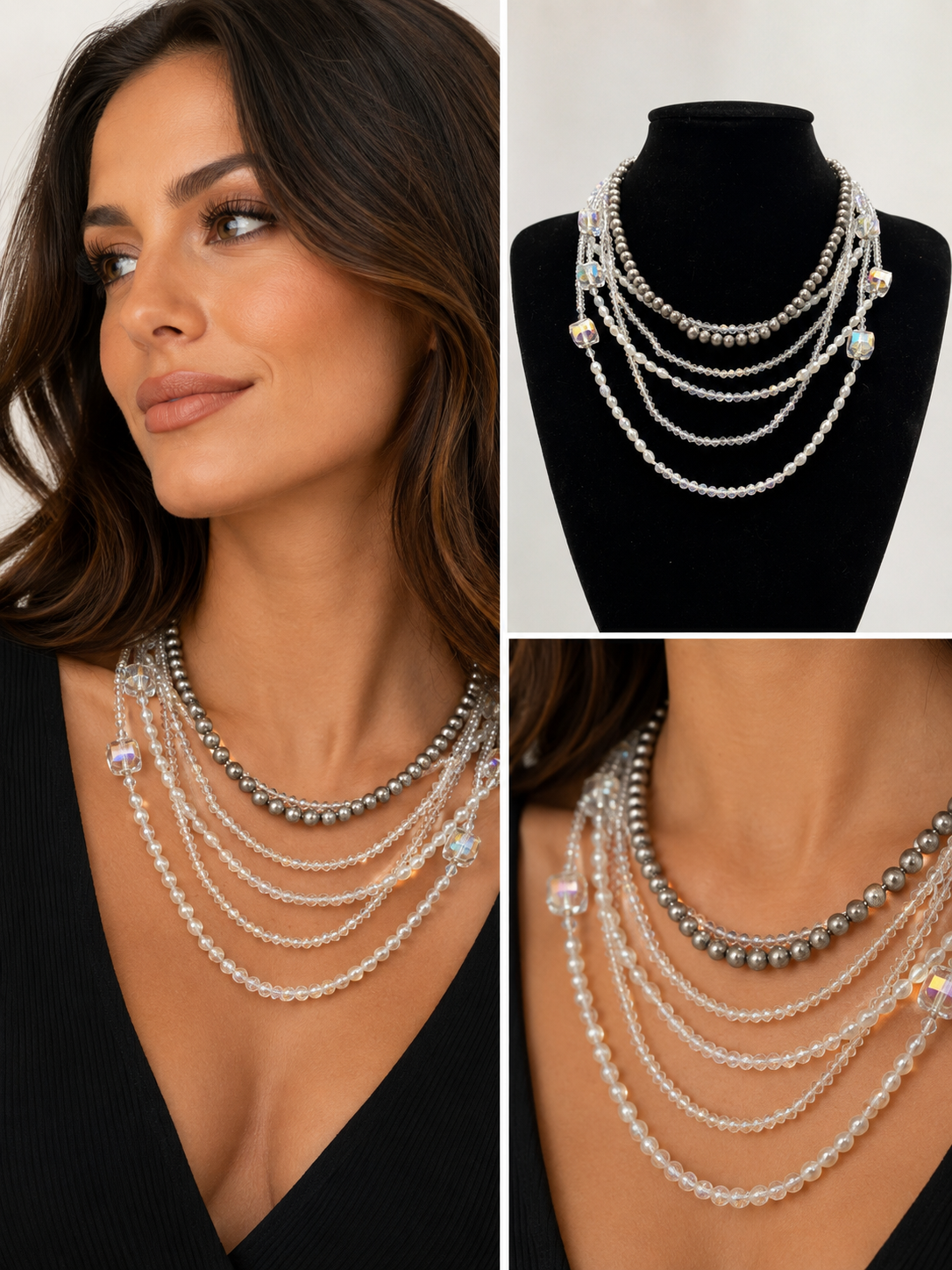 Western Gunmetal & Silver Beaded Layered Necklace – Clear Crystal Statement Necklace