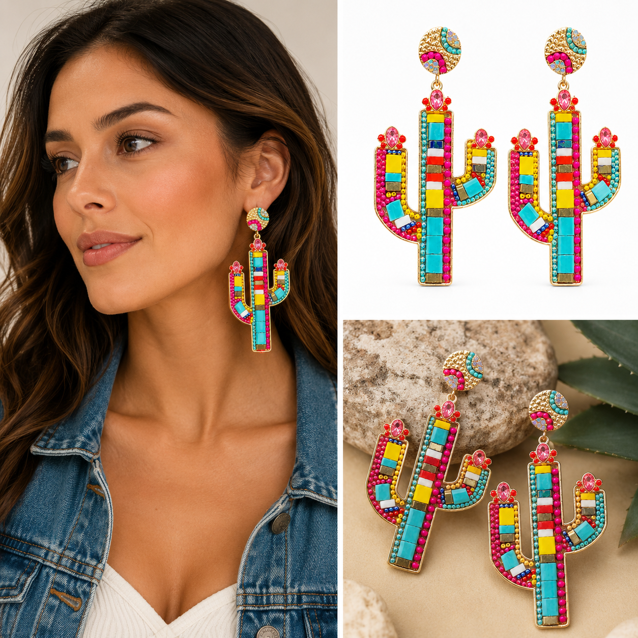 Western Cactus Beaded Statement Earrings – Colorful Boho Dangle Earrings