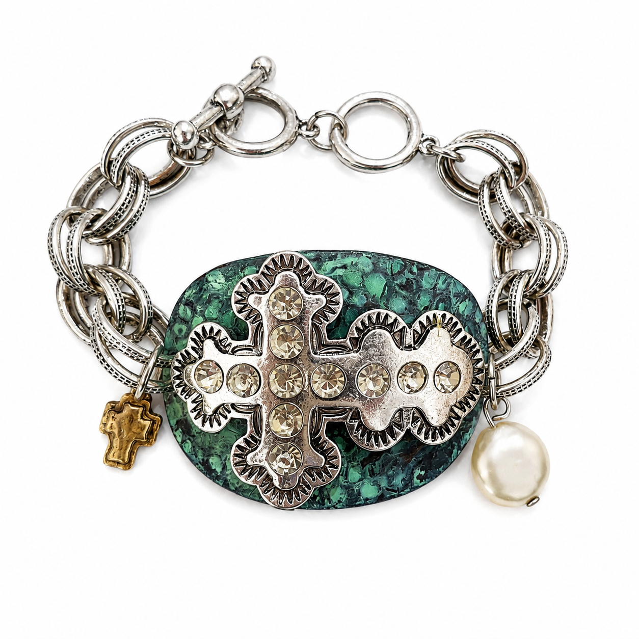 Western Antique Silver Chunky Chain Bracelet – Turquoise Cross Pearl Statement Bracelet