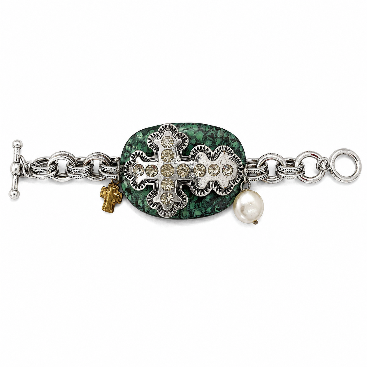 Western Antique Silver Chunky Chain Bracelet – Turquoise Cross Pearl Statement Bracelet