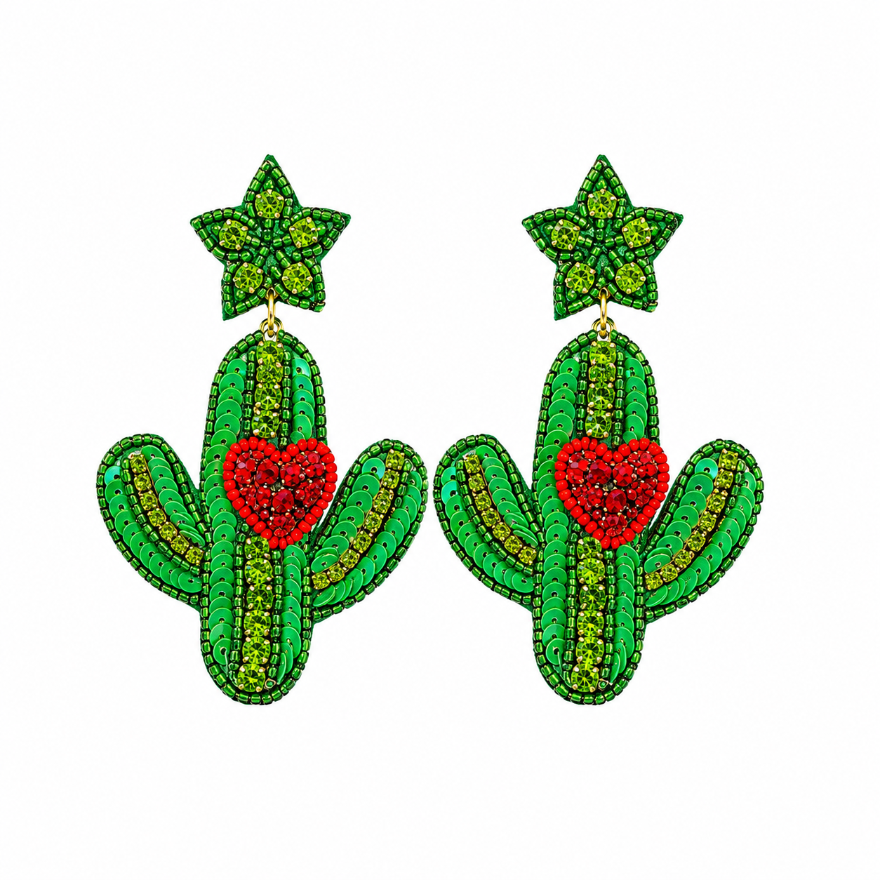 Western Green Beaded Cactus Earrings with Red Heart & Star Stud