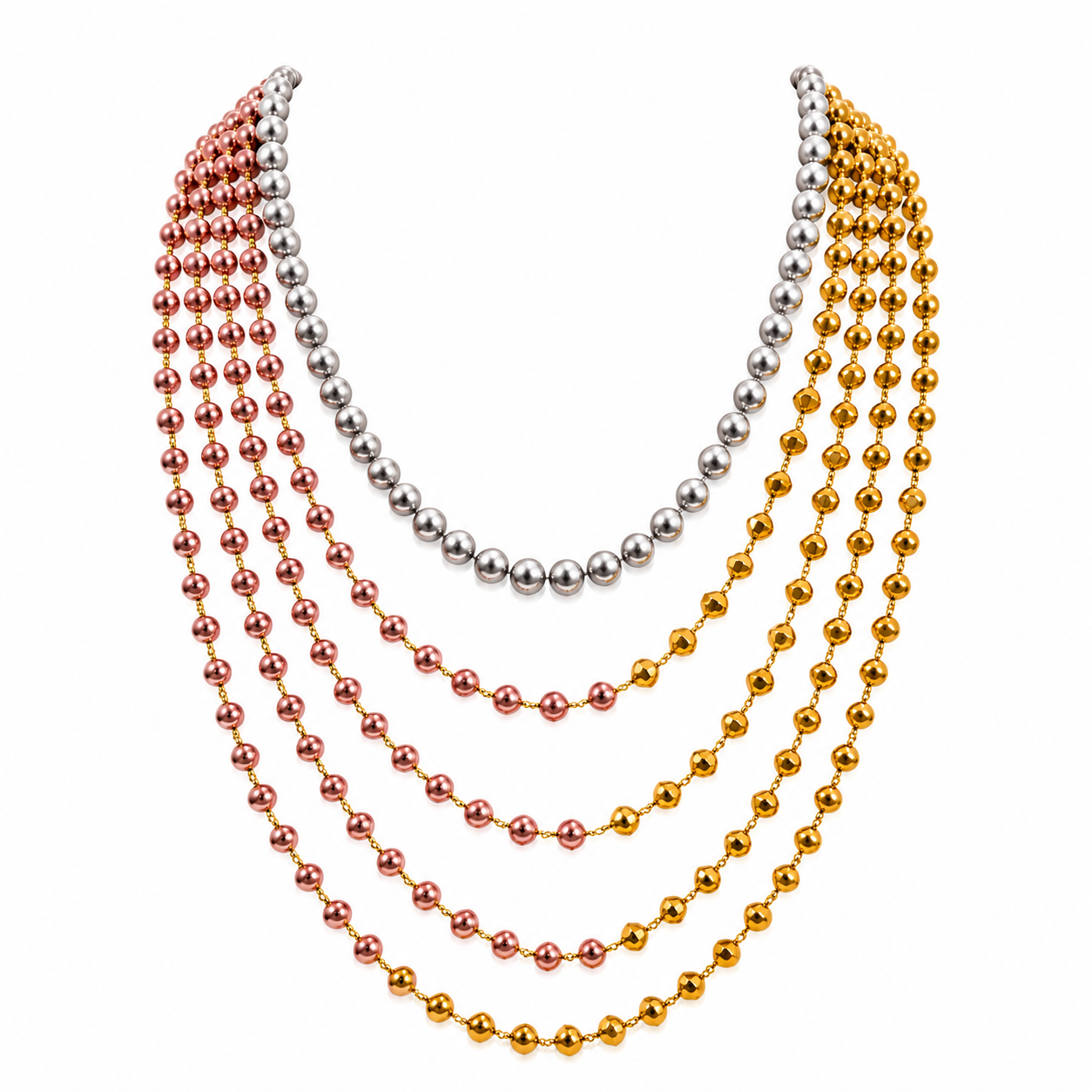 5-Layer Statement Necklace for Women, Silver Rose Gold & Gold Tone Beaded Layered Jewelry