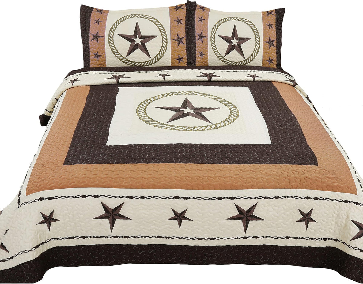 Beige 3 Piece Home Bedding Western Texas Stars Barb Wire