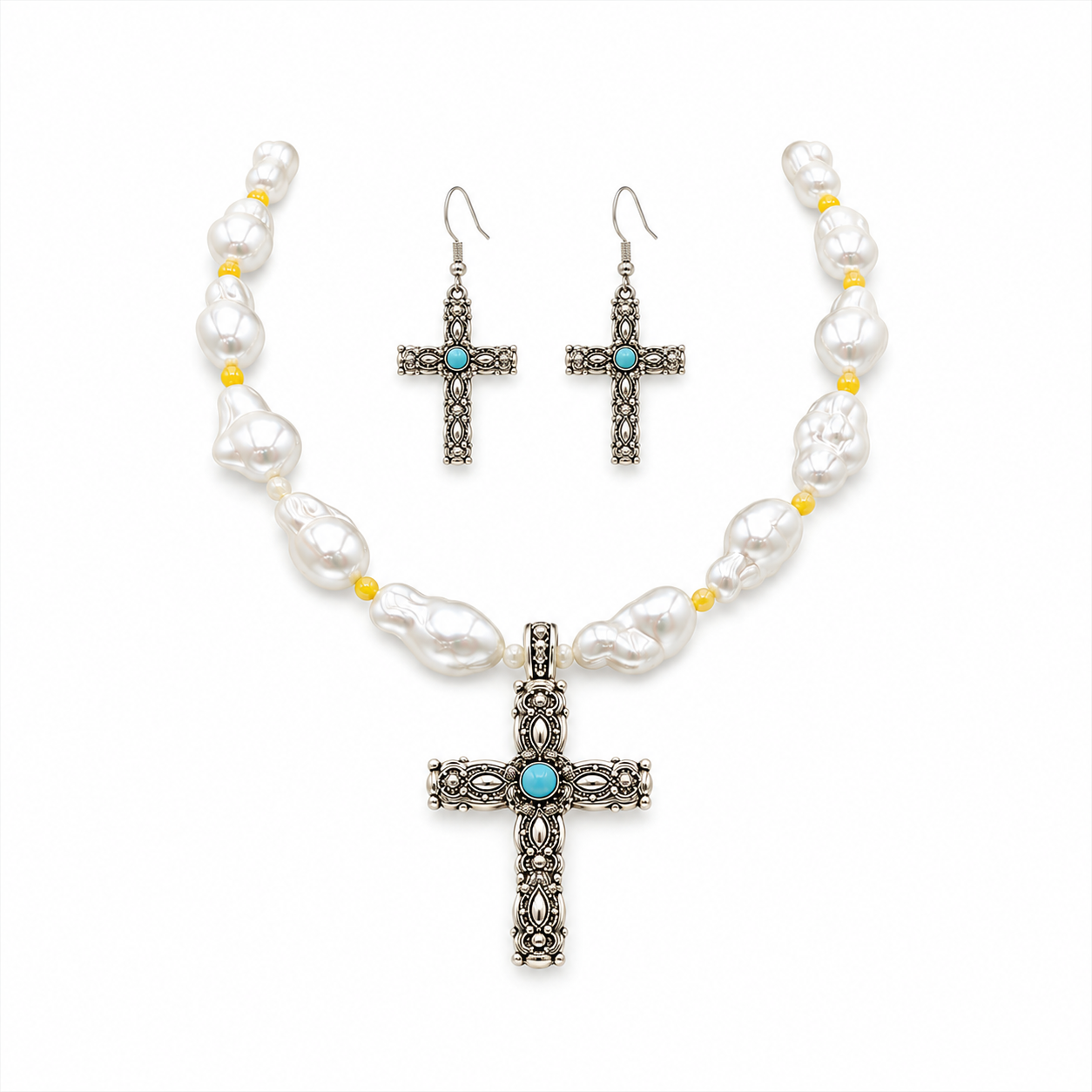 Pearl Cross Choker Necklace for Women, Turquoise Western Statement Jewelry，