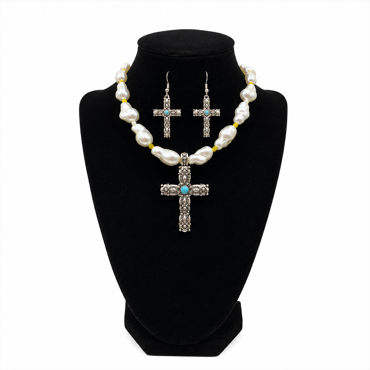 Pearl Cross Choker Necklace for Women, Turquoise Western Statement Jewelry，