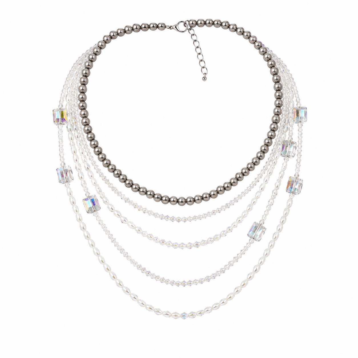 Western Gunmetal & Silver Beaded Layered Necklace – Clear Crystal Statement Necklace
