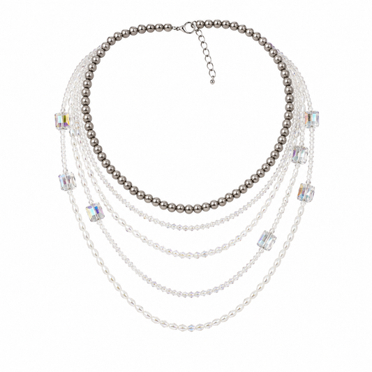 Western Gunmetal & Silver Beaded Layered Necklace – Clear Crystal Statement Necklace